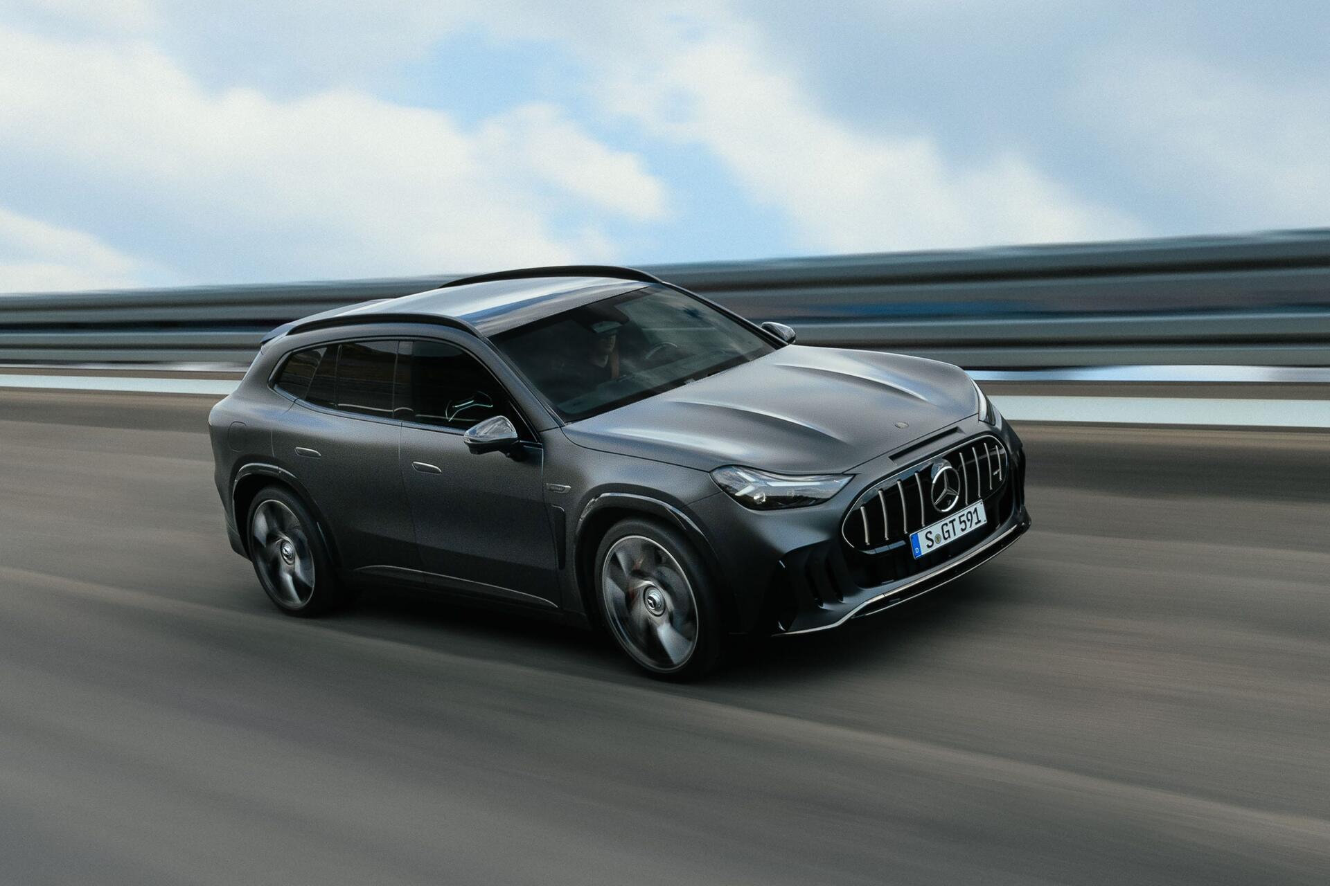 Gray Mercedes-AMG GT SUV driving on a highway, 2K Quad HD PC desktop wallpaper and background.