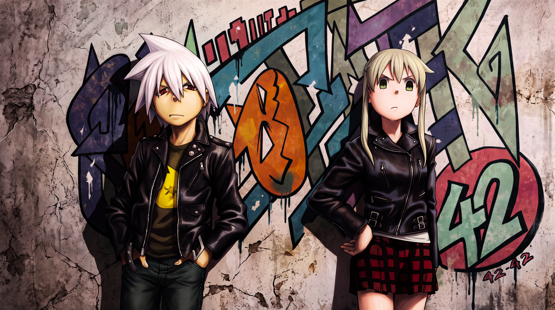 Soul Evans and Maka Albarn in leather jackets against graffiti, featured in a 5K Ultra HD Soul Eater desktop wallpaper background.