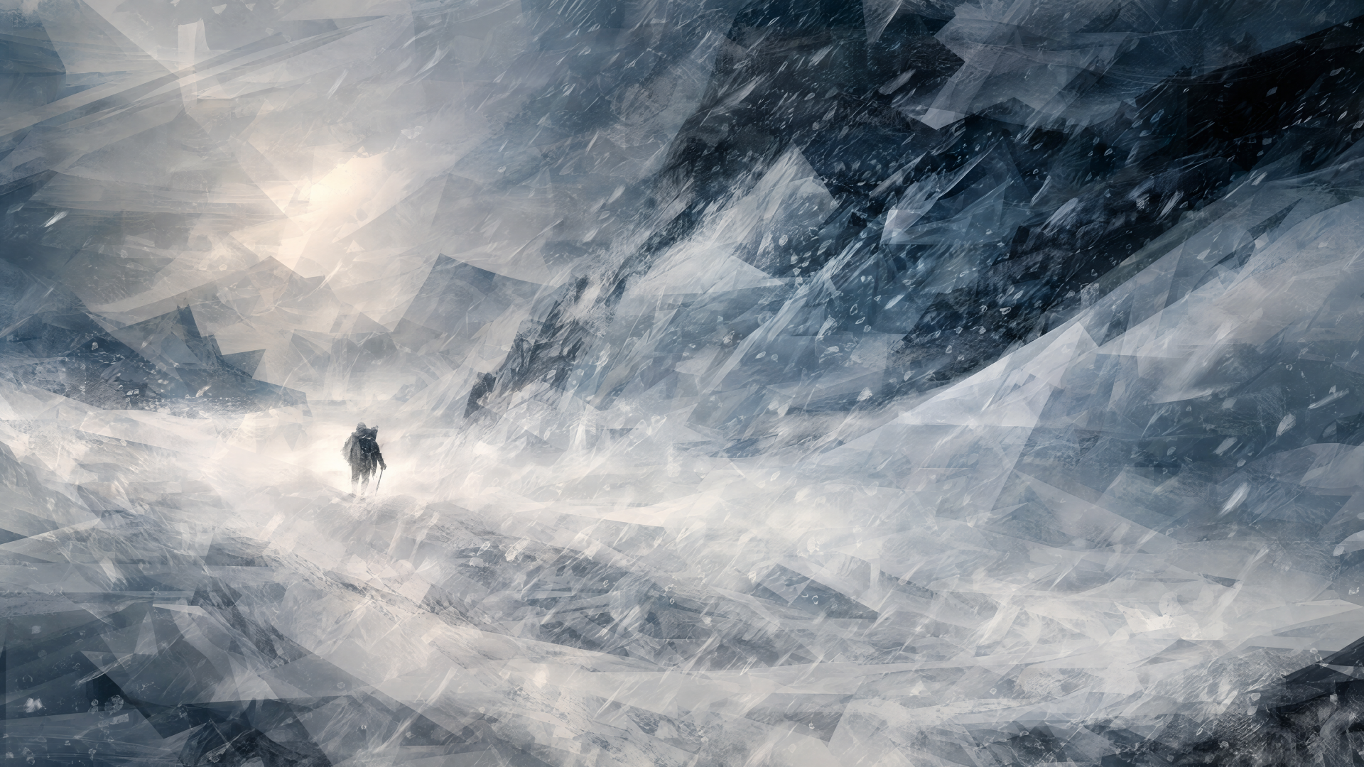 A fierce winter blizzard sweeps across a mountain landscape in this 4K Ultra HD PC desktop wallpaper.
