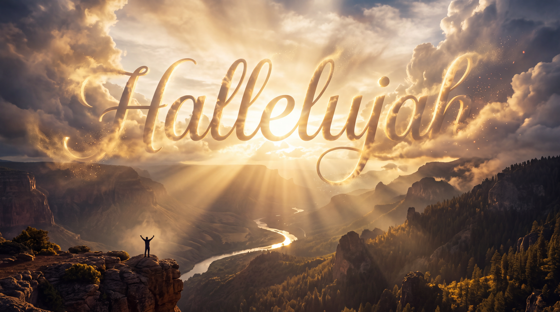 “Hallelujah” over a glowing sunrise above a mountain valley, 5K Ultra HD desktop wallpaper and background.