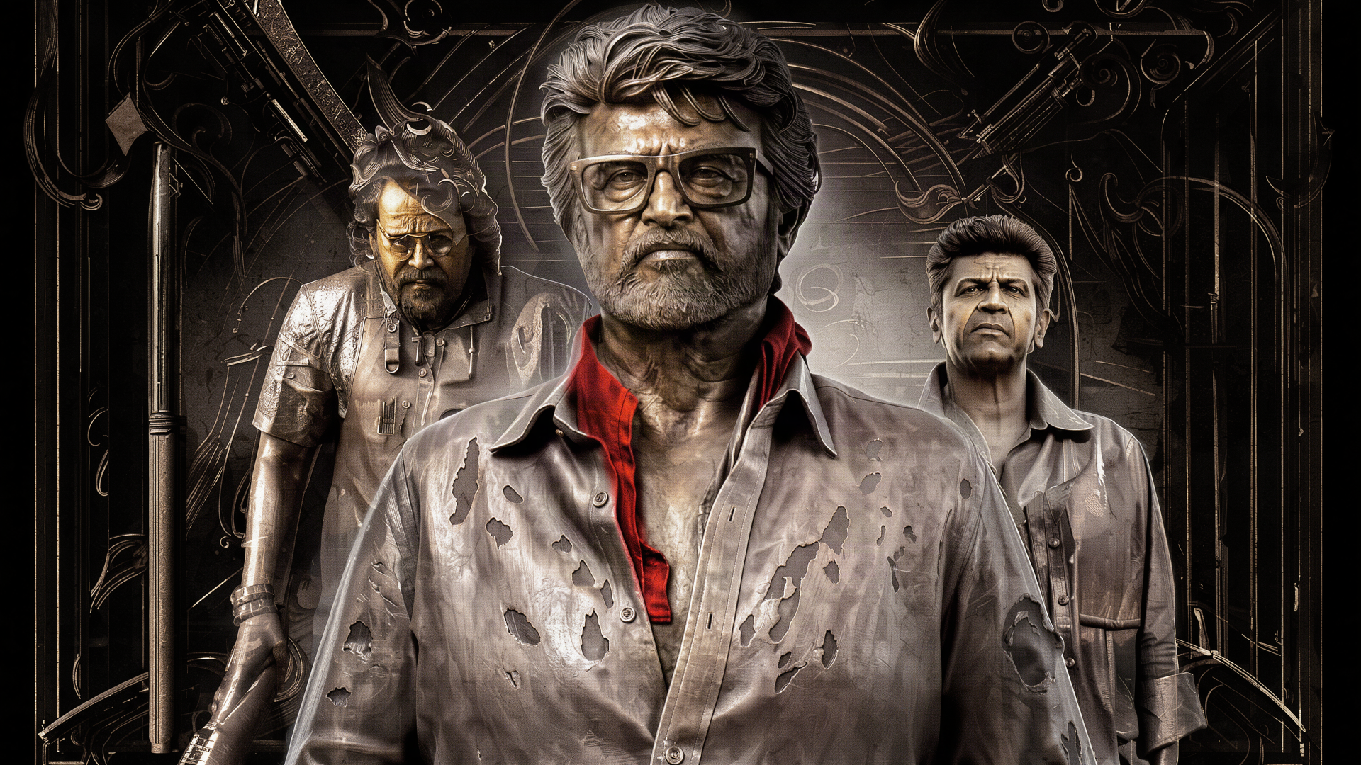 Jailer 2 poster featuring Rajinikanth and two men, presented as a 4K Ultra HD PC desktop wallpaper and background.