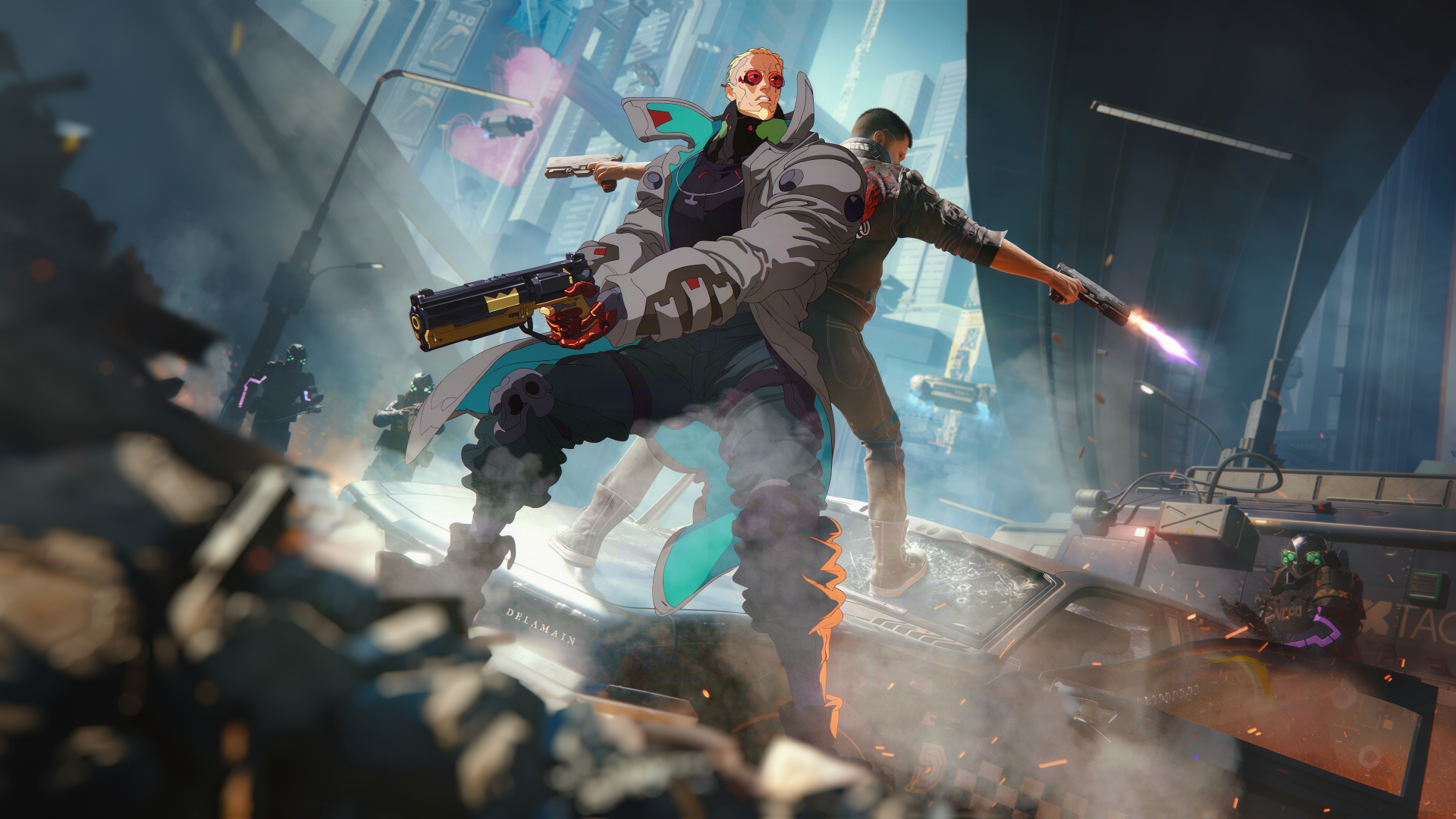 Cyberpunk 2077 sci-fi soldier wielding guns in a futuristic city battle, 4K Ultra HD PC desktop wallpaper and background.