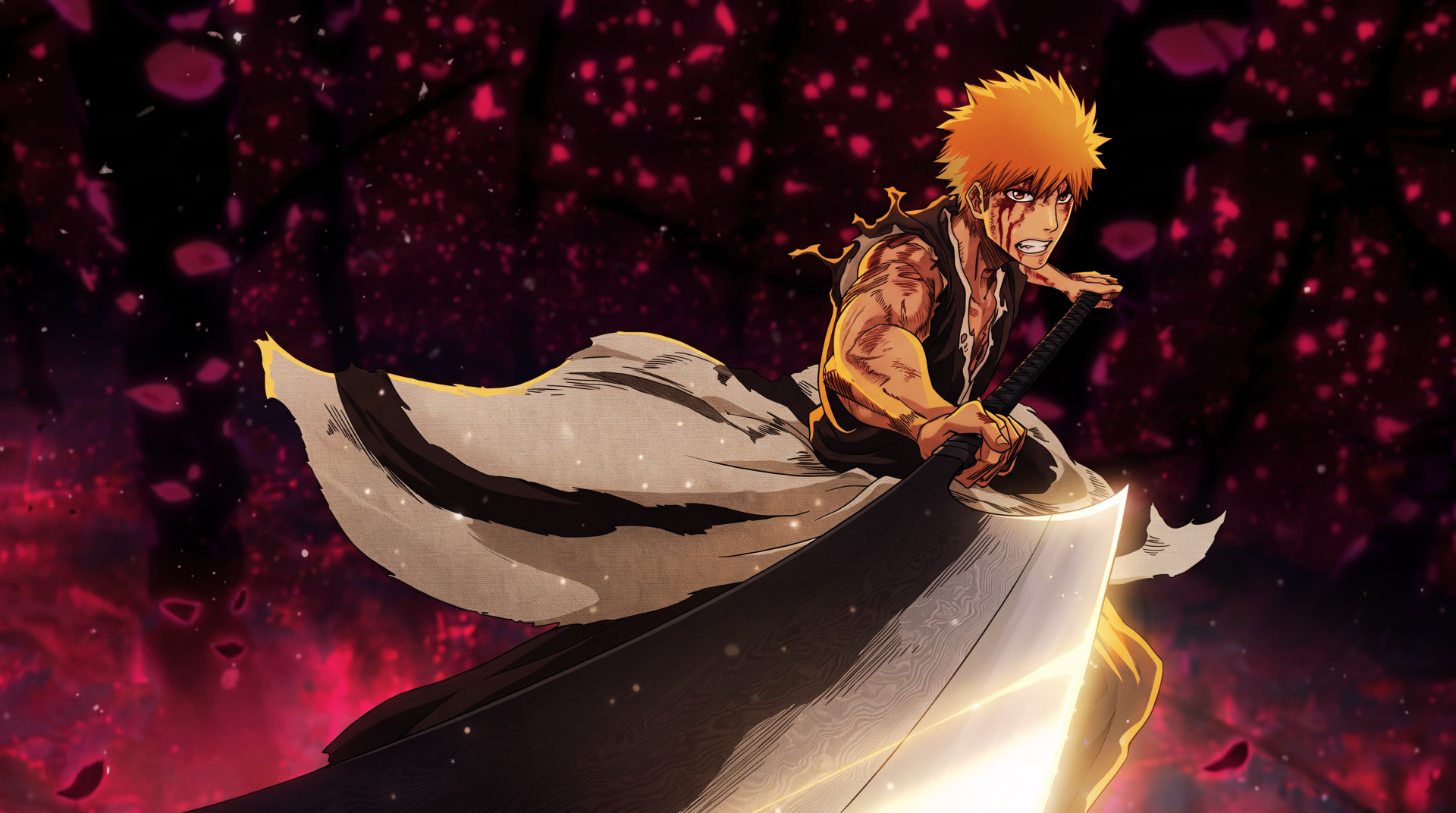 5K Ultra HD PC desktop wallpaper and background featuring an orange-haired anime warrior seated on a giant blade amid swirling crimson petals.