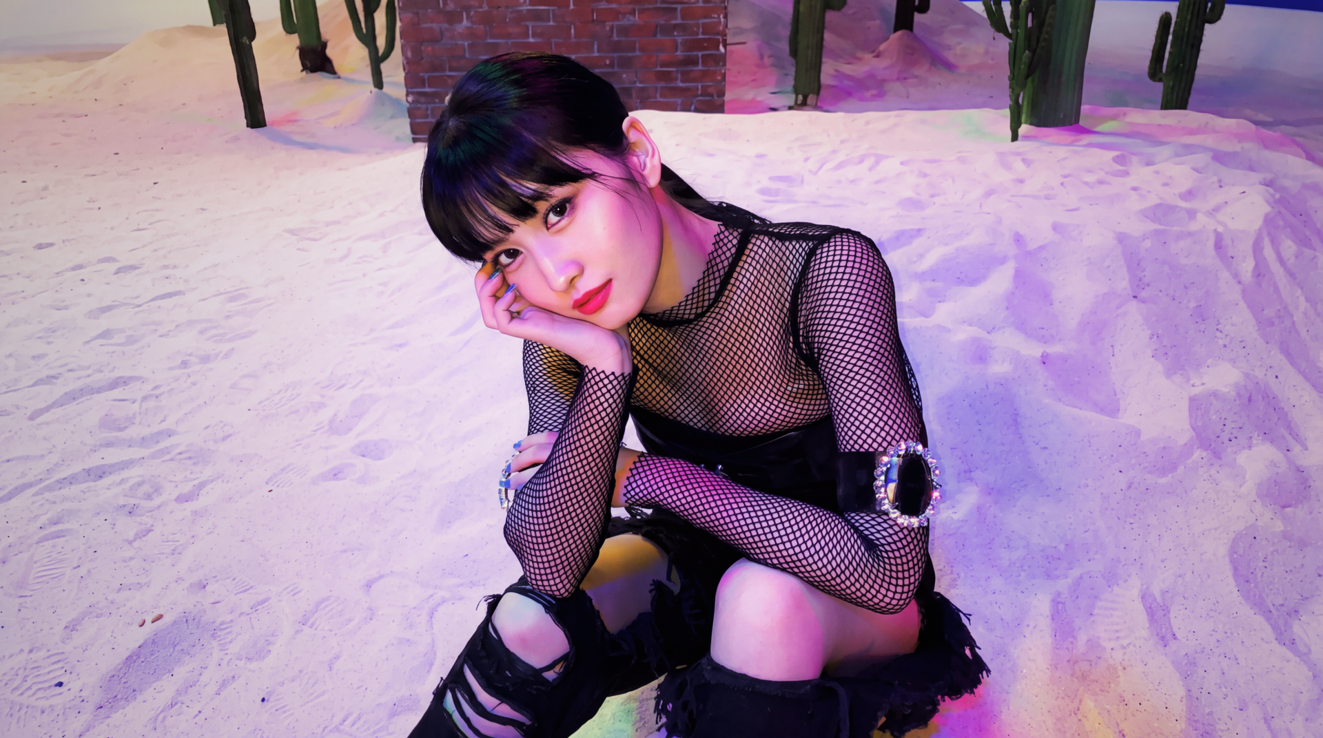 TWICE singer Momo, MiSaMo member and Japanese model, poses in a black outfit in this 5K Ultra HD desktop wallpaper.