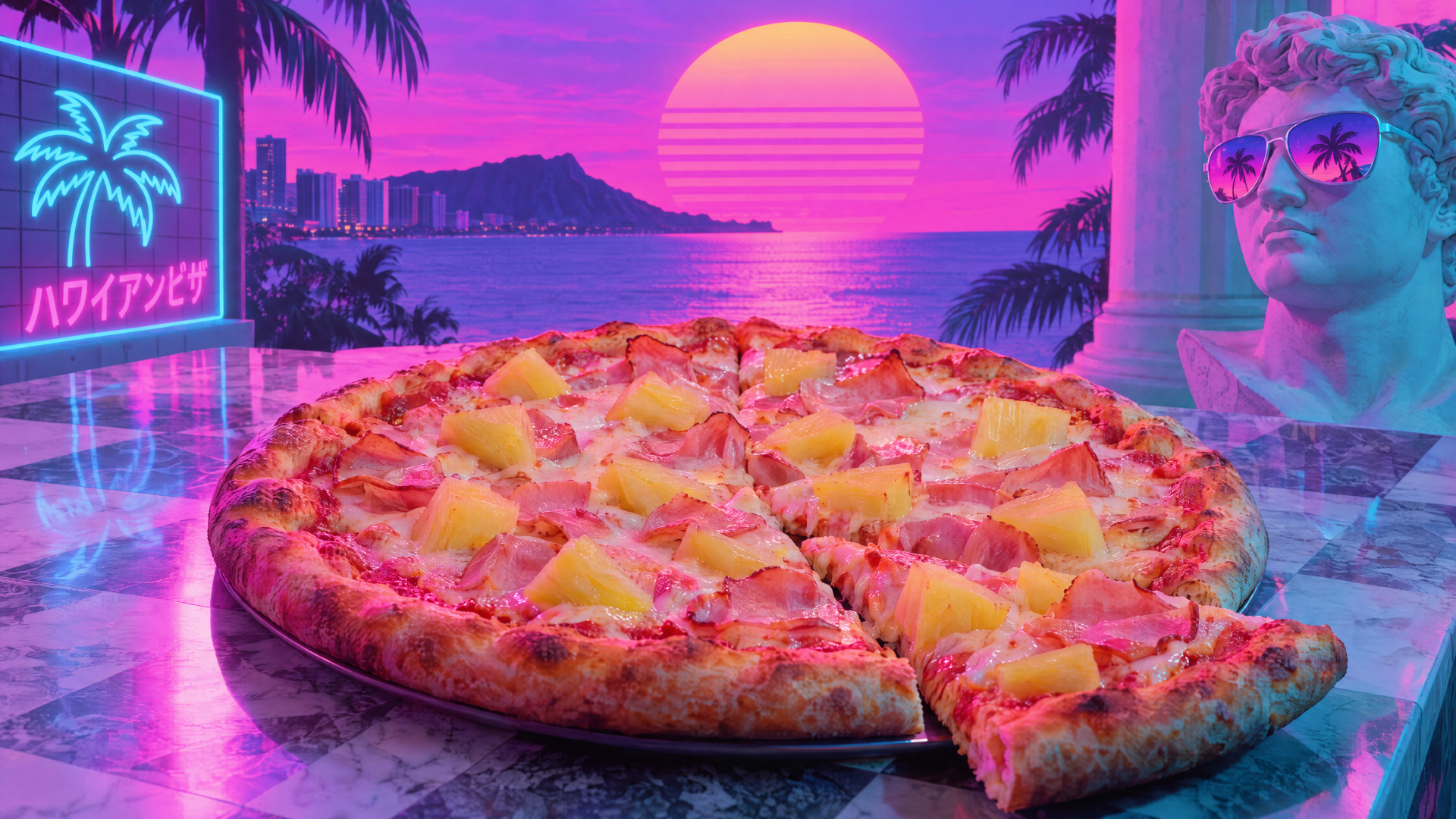 Neon synthwave Hawaiian pizza topped with pineapple against a tropical sunset, 4K Ultra HD PC desktop wallpaper and background.