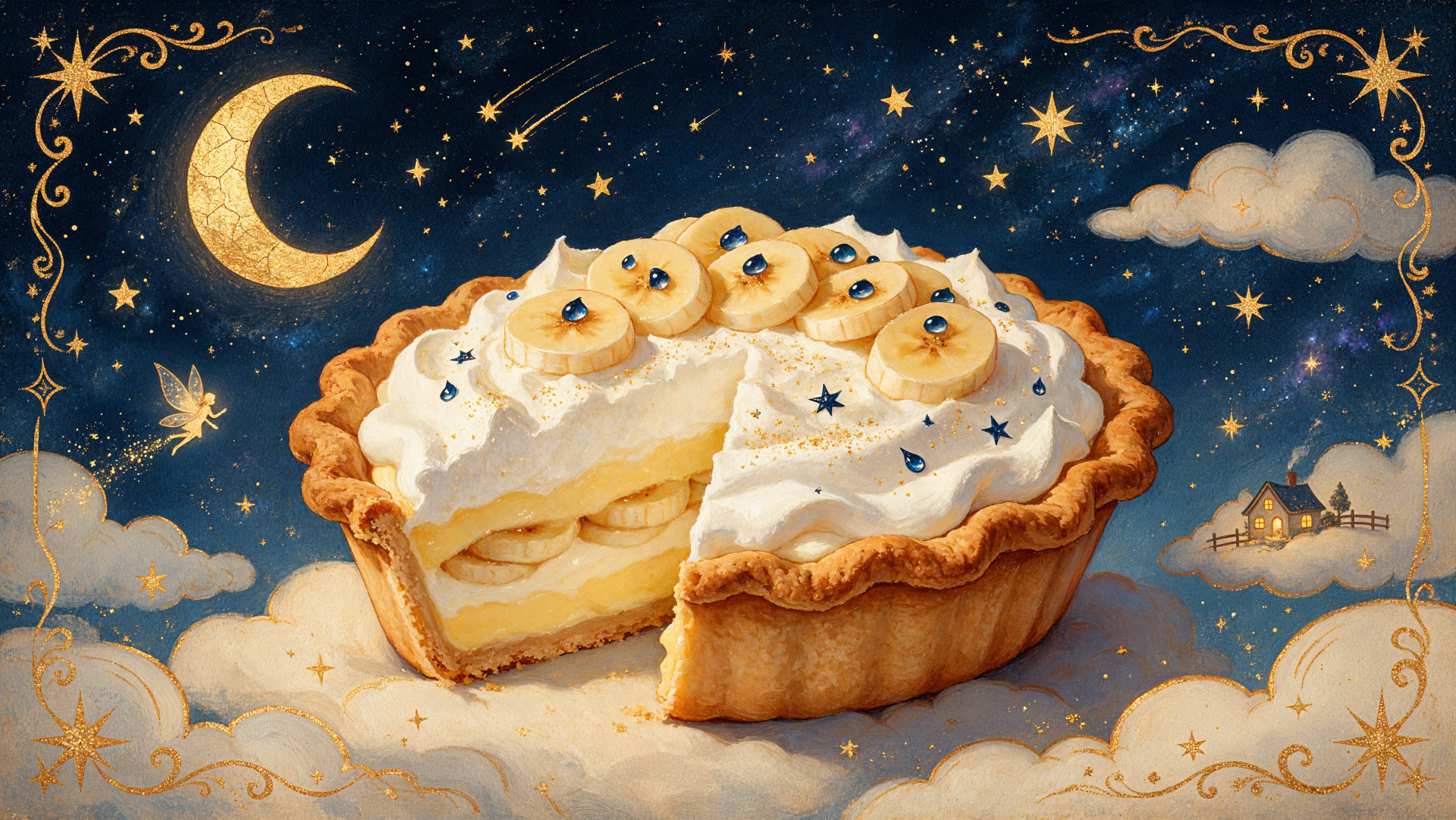 Whimsical banana cream pie with a slice on a starry moonlit sky, 4K Ultra HD PC desktop wallpaper and background.