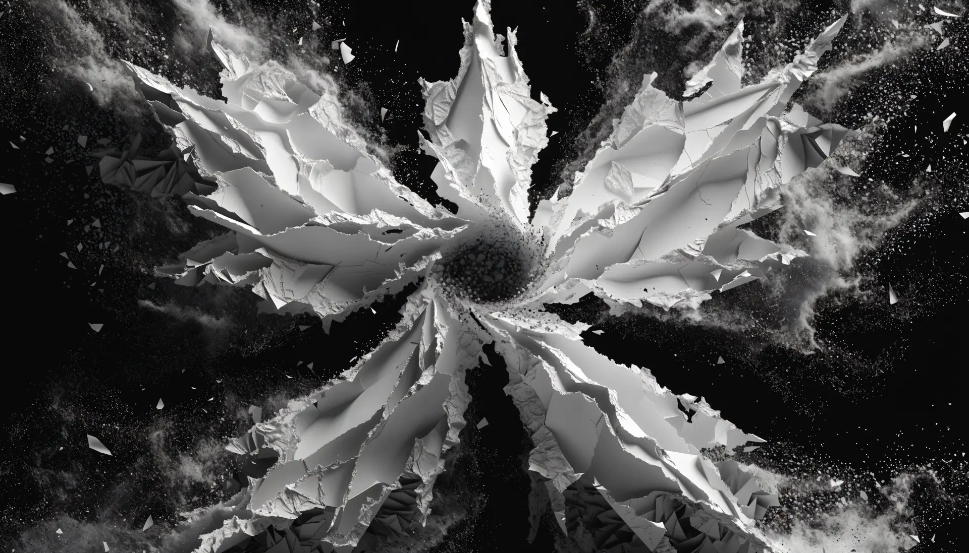 Abstract black-and-white snow angel flower with jagged crystalline petals radiating outward, a 4K Ultra HD PC desktop wallpaper and background.