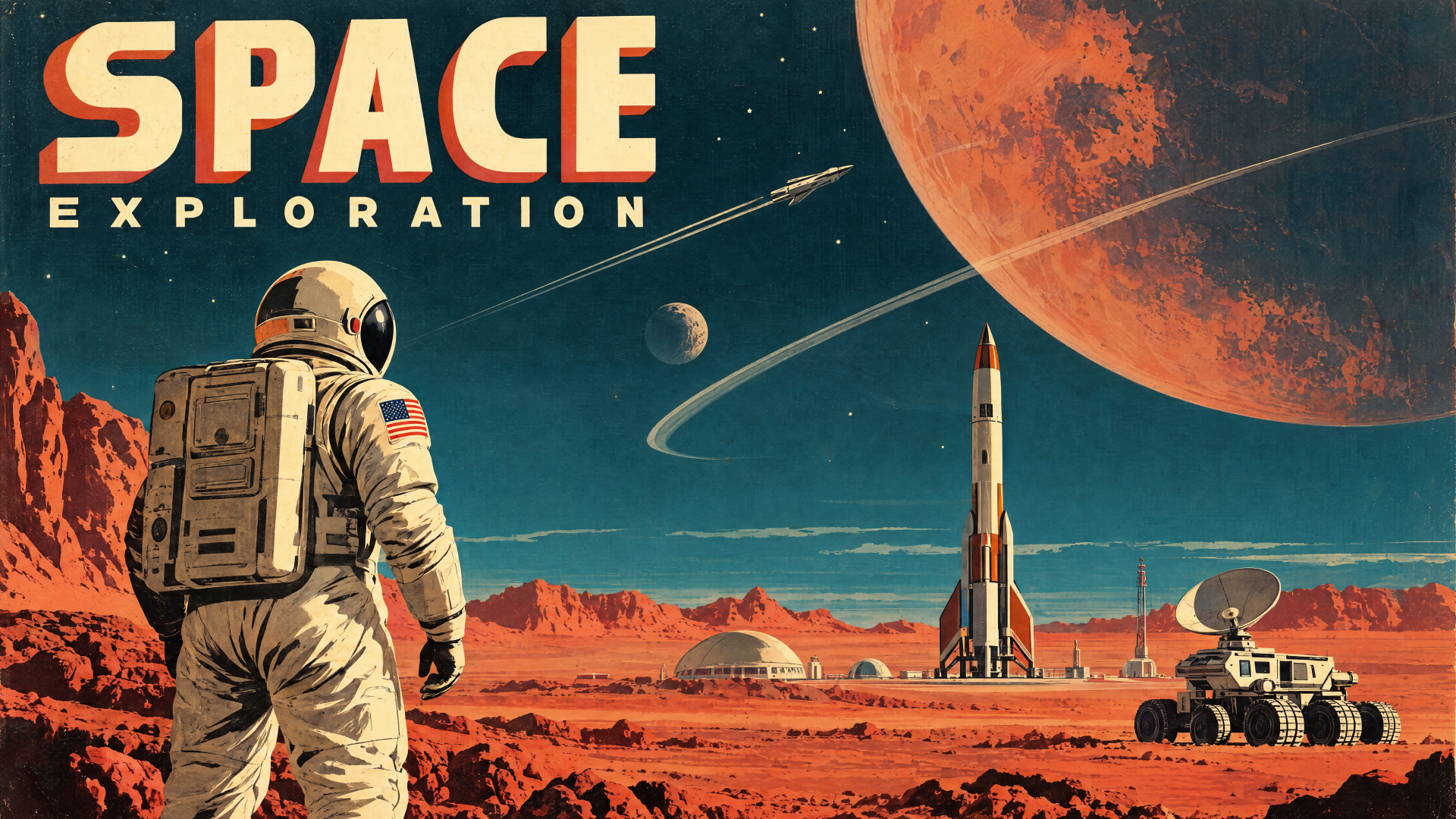 Space exploration 4K Ultra HD PC desktop wallpaper featuring an astronaut on a red planet, with a rocket, distant planets, and cinematic retro lettering.