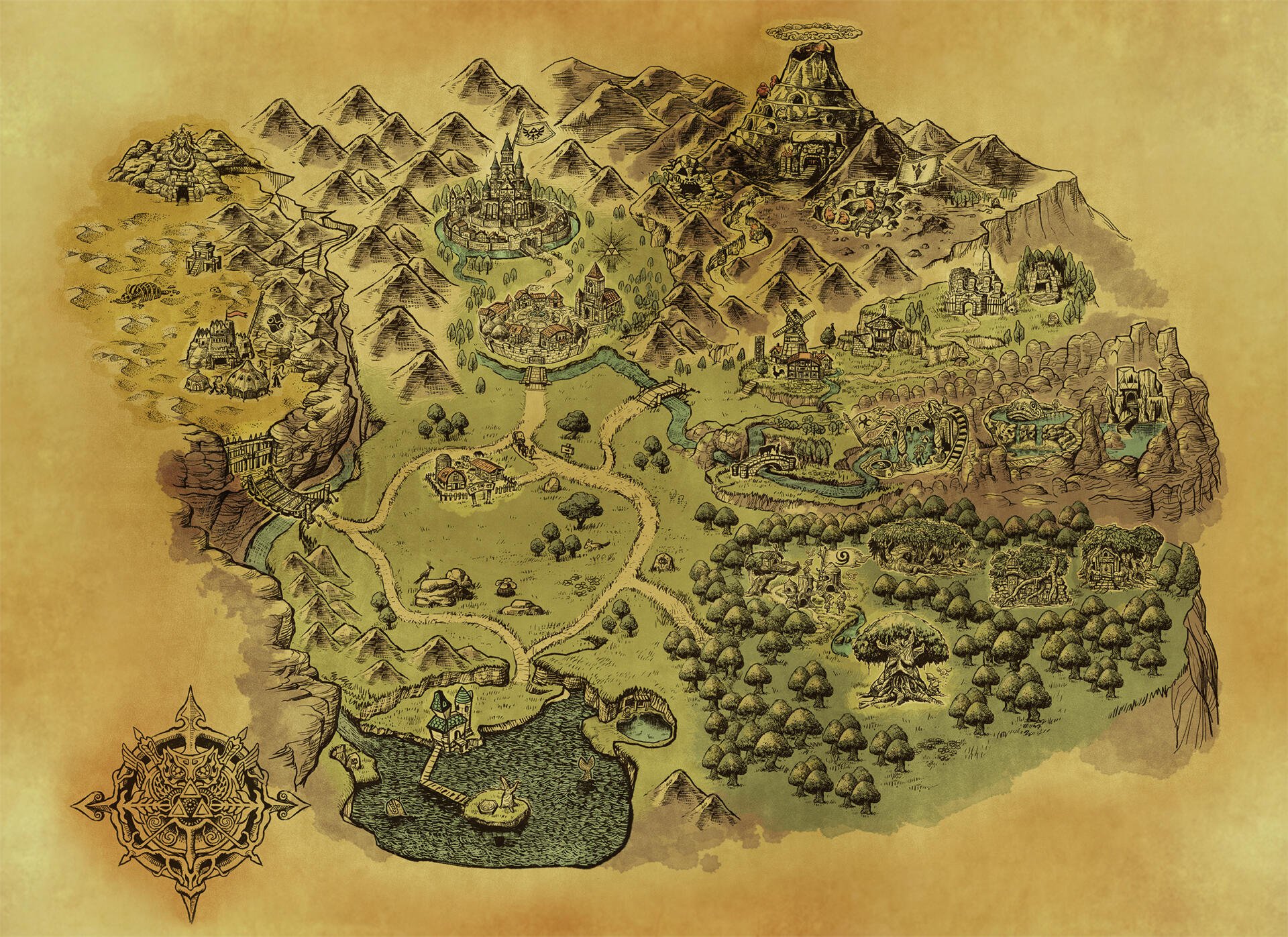 Parchment-style Hyrule map from The Legend of Zelda: Ocarina of Time (2026), shown as a 2K Quad HD PC desktop wallpaper and background.