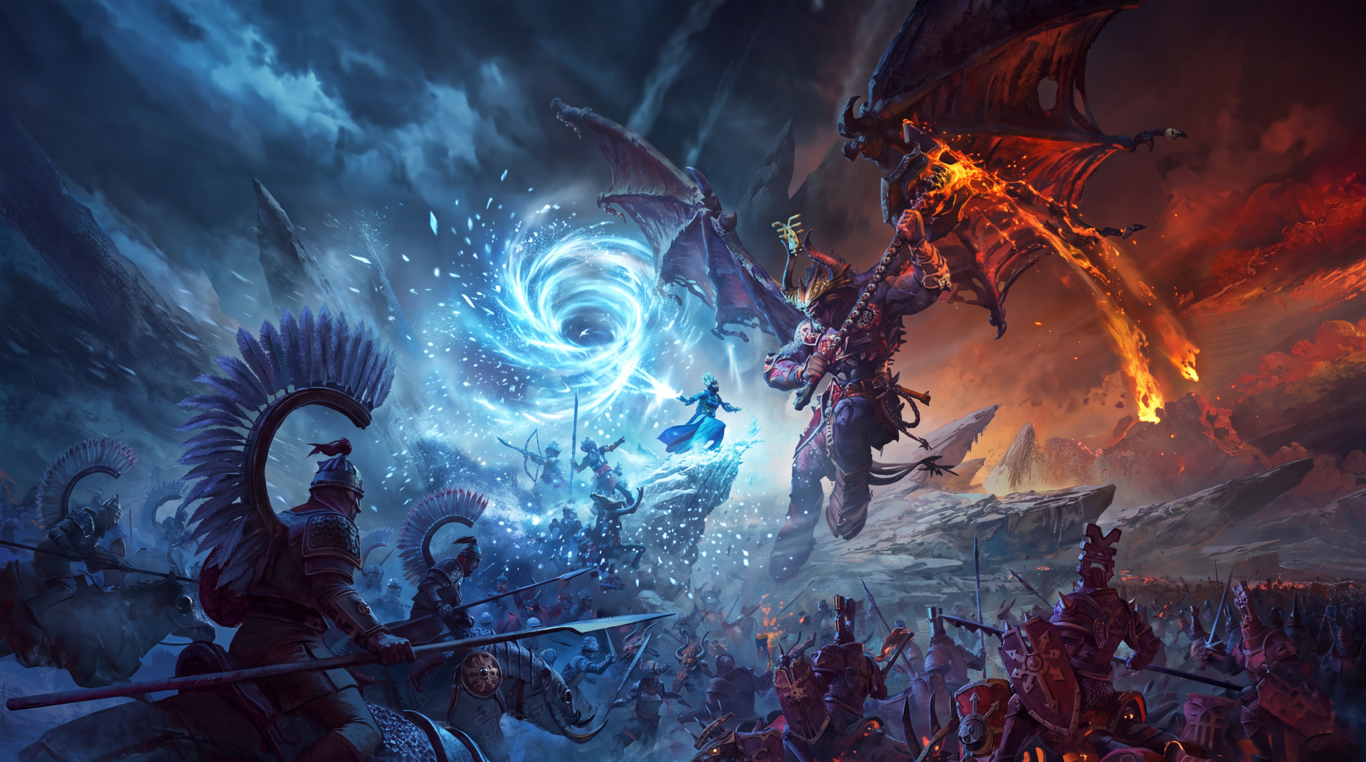 Total War: Warhammer III fantasy battle with a fiery dragon, blue magical vortex, and armies clashing, 5K Ultra HD PC desktop wallpaper and background.
