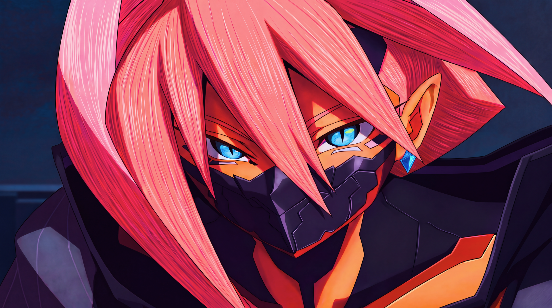 Talia Yang from Cyberpunk: Edgerunners 2, pink-haired anime girl in a futuristic mask, 5K Ultra HD cyberpunk PC desktop wallpaper.
