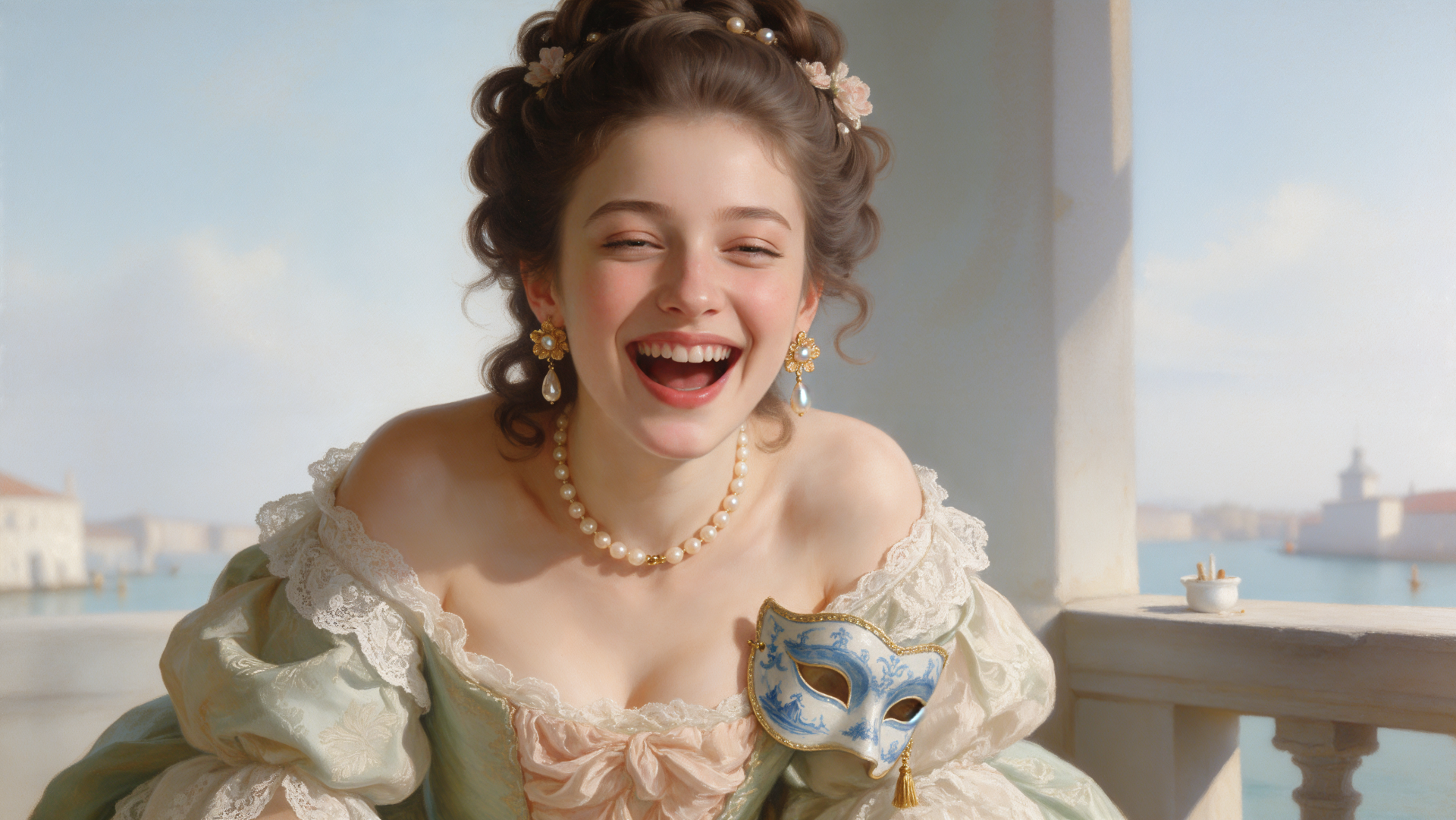 Laughing woman in a historical costume holding a masquerade mask, 4K Ultra HD desktop wallpaper and background.