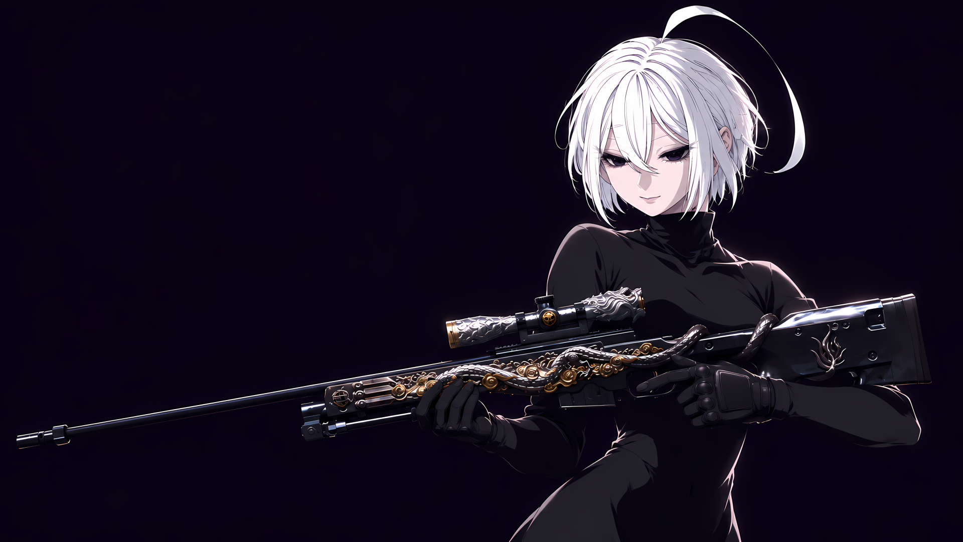 White-haired anime sniper girl holding a rifle against a dark background, 4K Ultra HD PC desktop wallpaper