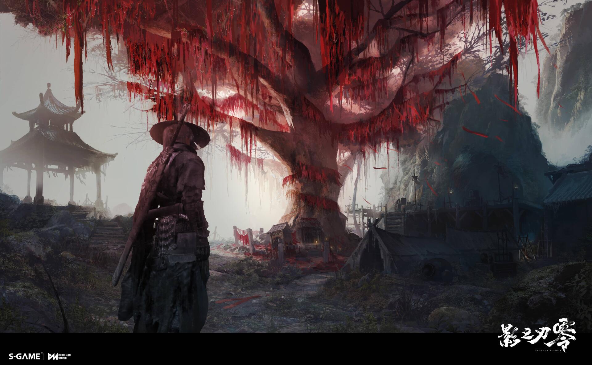 Phantom Blade Zero 5K Ultra HD PC wallpaper featuring a lone warrior beneath a towering crimson tree in a misty temple landscape.