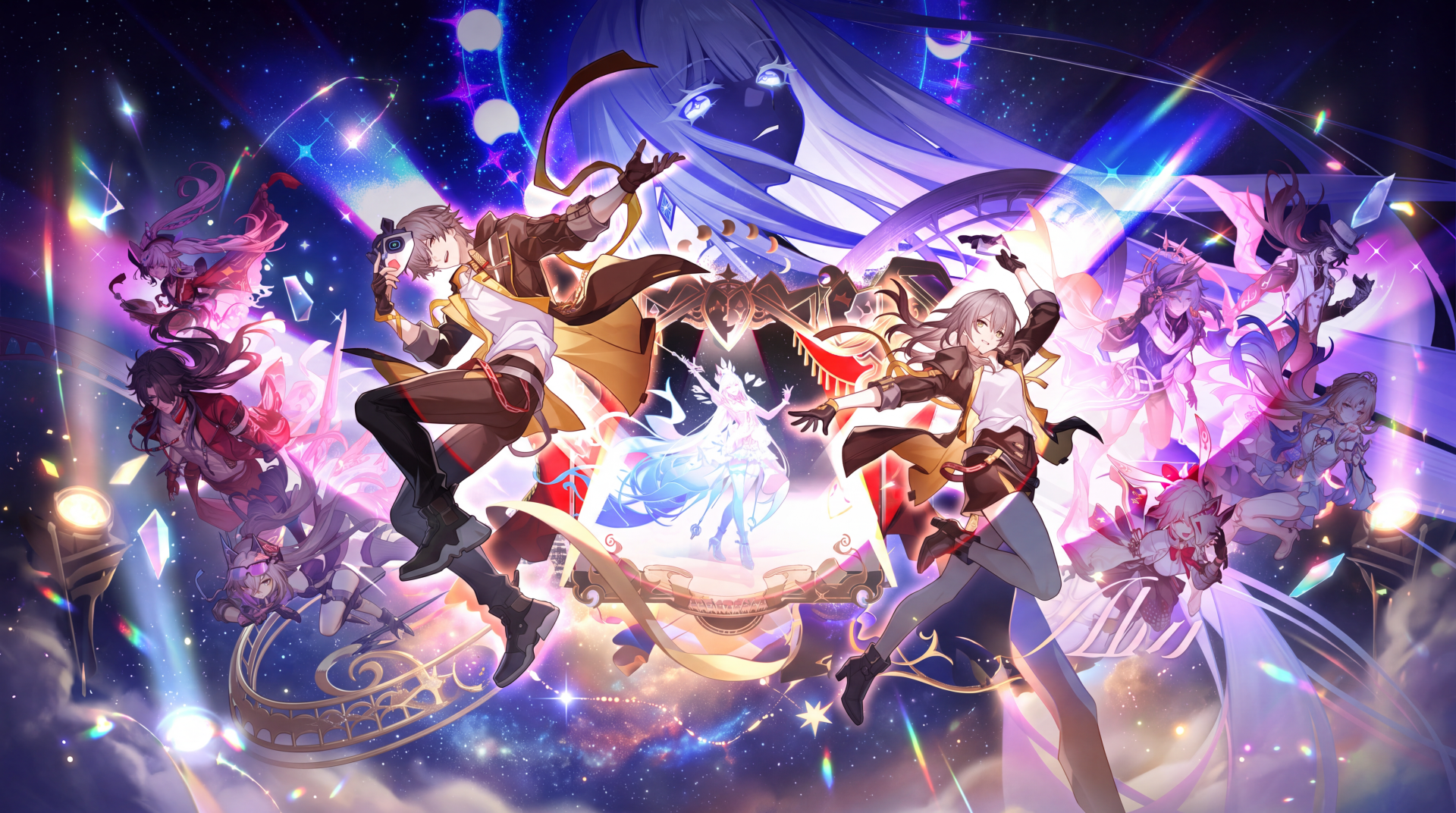 Aha and anime girls from Honkai: Star Rail leap through a glowing cosmic scene in this 5K Ultra HD PC desktop wallpaper.