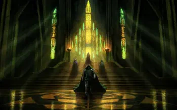4K Ultra HD PC desktop wallpaper: Doctor Doom stands before a glowing throne in a vast castle as Avengers: Doomsday figures loom, green and gold light flooding the hall.