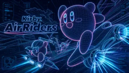 Neon wireframe Kirby Air Riders scene: Kirby and companions racing on airboards through a glowing futuristic track. 4K Ultra HD PC desktop wallpaper from the Kirby video game.