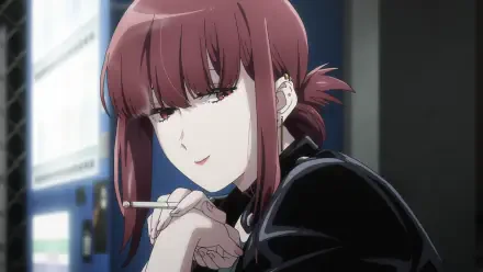 Anime HD PC desktop wallpaper/background: Yamada from Smoking Behind the Supermarket with You, red-haired woman smoking behind a supermarket, relaxed, half-closed eyes.
