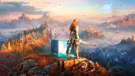 God of War: Laufey 4K Ultra HD PC desktop wallpaper — Laufey stands on a rocky cliff with spear, overlooking a vast sunlit, colorful fantasy landscape.