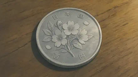 Close-up of a silver Japanese 100‑yen coin featuring a cherry blossom motif on warm wood grain, presented as a 4K Ultra HD PC desktop wallpaper and background.