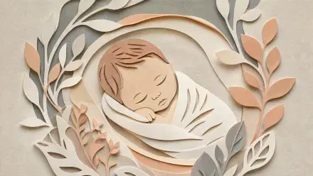 Paper-cut newborn sleeping in swaddle among soft leaves — 4K Ultra HD PC desktop wallpaper/background.