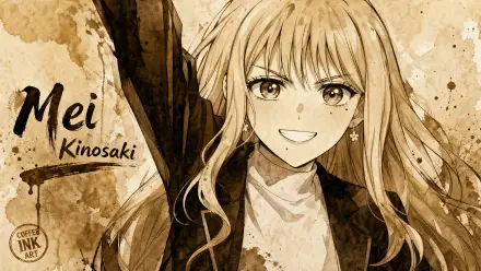 Sepia-tone anime portrait of Mei Kinosaki smiling, flowing hair and star earring, rendered as a high-detail 4K Ultra HD PC desktop wallpaper background.