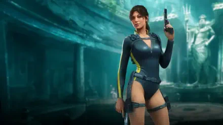 4K Ultra HD PC wallpaper: Lara Croft from the video game Tomb Raider: Legacy of Atlantis stands in Atlantis ruins, holding a pistol in a sleek wetsuit amid teal underwater lighting.