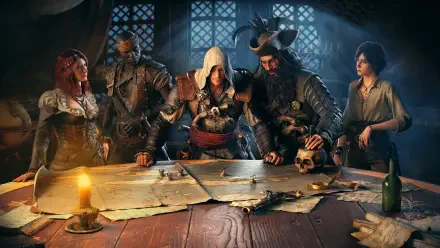 4K Ultra HD PC desktop wallpaper of the video game Assassin's Creed Black Flag Resynced: a hooded assassin and pirate crew lean over a map in a candlelit ship cabin.
