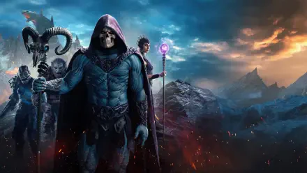 Masters of the Universe (2026) movie 4K Ultra HD PC desktop wallpaper/background: skeletal-armored villain and robed hero with a glowing staff stand before a fiery, mountainous battlefield.