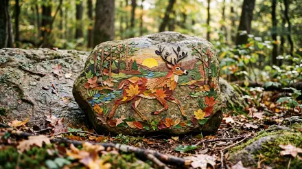 Rock painting of a colorful deer on a forest boulder with autumn leaves and trees — 5K Ultra HD PC desktop wallpaper and background.