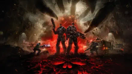 Gears of War: E-Day 2K Quad HD PC desktop wallpaper — two armored soldiers wield rifles, backlit by a fiery red crater as gunfire and shadowed enemies rise amid a ruined cityscape.