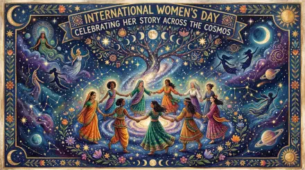 Colorful cosmic illustration of women in flowing dresses circling a luminous tree beneath a banner: 'International Women's Day — Celebrating Her Story Across the Cosmos'. 5K Ultra HD PC wallpaper.