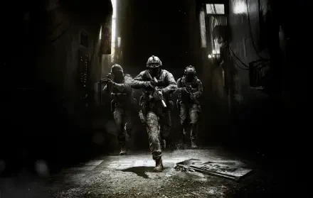Three armed soldiers sprint through a dark urban alley, tactical gear and rifles raised — 8K Ultra HD PC desktop wallpaper for the video game Call of Duty: Modern Warfare 4.