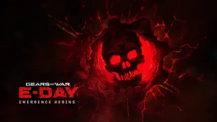 4K Ultra HD PC wallpaper — video game art for Gears of War: E‑Day showing a glowing red Locust skull emblem bursting through a cracked dark background with the Gears of War E‑DAY logo.