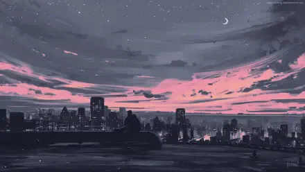 HD PC desktop wallpaper and background — digital painting illustration: moody urban landscape artwork with a rooftop silhouette gazing at a pink-and-gray dusk skyline and crescent moon.