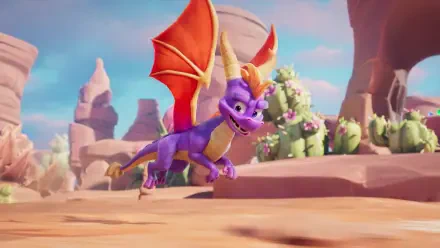 Spyro the purple dragon from the video game Spyro: A Realm Beyond bounding across a sunlit canyon — 4K Ultra HD PC desktop wallpaper and background.