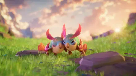 Two colorful crab-like creatures nuzzle on a sunlit grassy field under a glowing sky — 4K Ultra HD PC desktop wallpaper from the video game Spyro: A Realm Beyond.