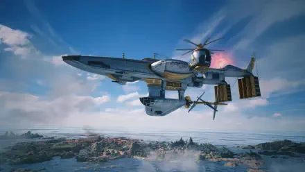 4K Ultra HD PC desktop wallpaper of a Final Fantasy VII Revelation airship soaring above rocky coastlines under a bright blue sky, video game background.