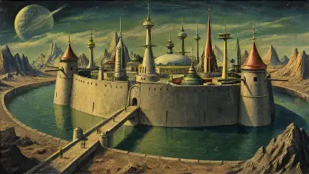 4K Ultra HD PC desktop wallpaper: a walled fortress surrounded by a moat, soaring spires and domes beneath a distant planet, connected by a stone bridge.