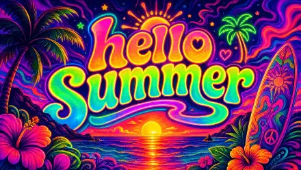 Neon hello summer lettering over a vivid tropical sunset with palm trees, hibiscus, a surfboard and sparkling ocean — 4K Ultra HD PC desktop wallpaper and background.