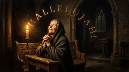 Elderly woman praying by candle in a dim stone church, the word HALLELUJAH arched above — 5K Ultra HD PC desktop wallpaper/background.