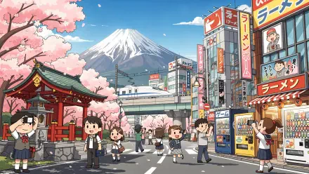 4K Ultra HD PC desktop wallpaper and background of Japan: stylized street with cherry blossoms, Mount Fuji, a Shinkansen, a shrine, ramen signs, vending machines and chibi characters.