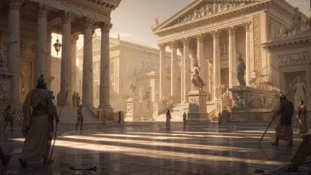 Classical 4K Ultra HD PC desktop wallpaper and background: sunlit ancient Roman forum with grand marble temples, tall columns, statues and robed figures casting long shadows across the plaza.