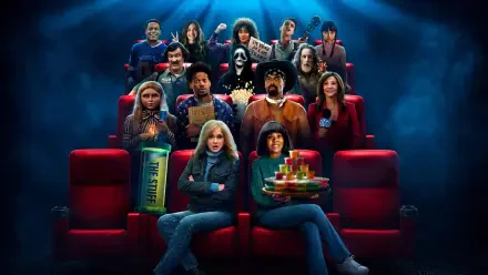 Scary Movie 6 — ensemble in red theater seats with horror masks, snacks and moody blue lighting. 4K Ultra HD PC desktop wallpaper and background.