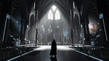 4K Ultra HD PC desktop wallpaper and background — lone cloaked figure in a vast futuristic gothic cathedral interior, shafts of light through arched windows and holographic consoles along the aisles.