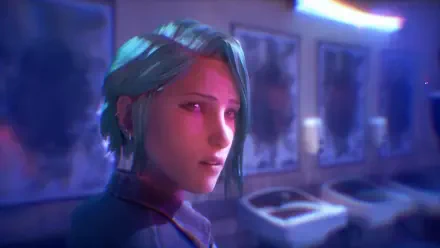 Close-up of teal-haired character from the video game Life Is Strange: Reunion, moody neon-lit arcade interior; 4K Ultra HD PC desktop wallpaper background.