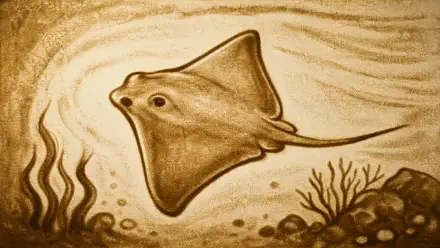 Sand-art style stingray gliding over a seabed of pebbles and seagrass — 4K Ultra HD PC desktop wallpaper and background.