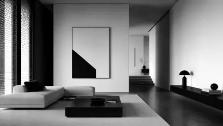 Monochrome minimalist home interior with low sofa, geometric wall art and open hallway — 4K Ultra HD PC desktop wallpaper and background
