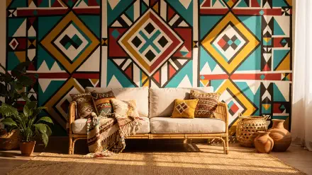 Boho 4K Ultra HD PC desktop wallpaper and background: rattan sofa with patterned pillows and throws, terracotta pots, woven rug, and a colorful geometric accent wall.