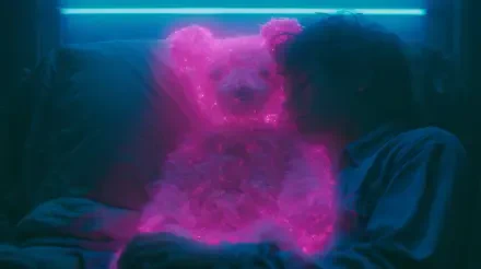 Aesthetic 2K Quad HD PC desktop wallpaper: neon-pink glowing teddy bear beside a sleeping person in a moody blue-lit room.